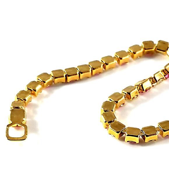 Vintage Trifari Pink Clear Rhinestone Tennis Bracelet,  Gold Plated, 1980s - Picture 2 of 10